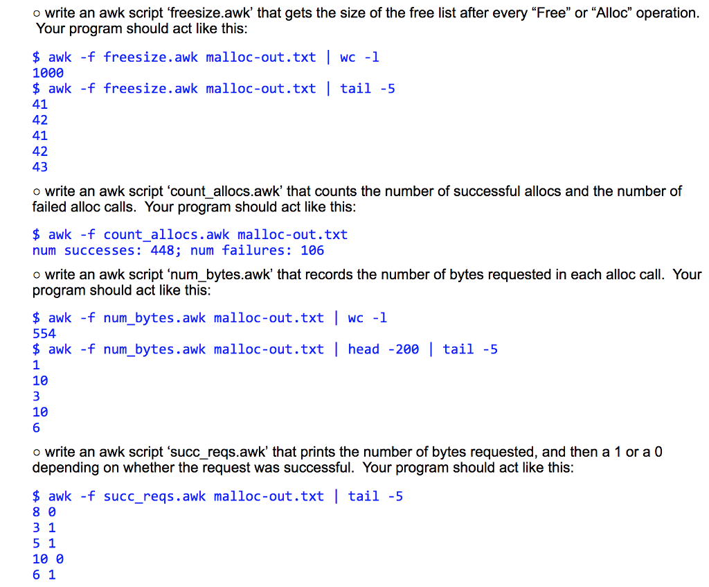  o write an awk script 'freesize.awk that gets the size of