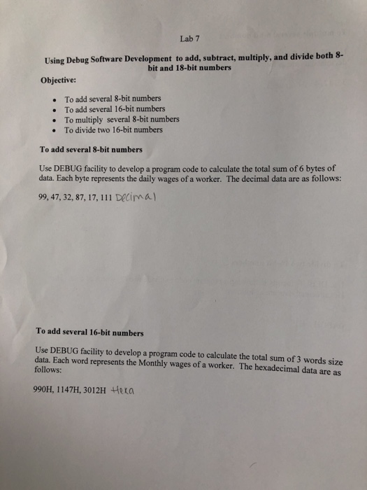  Lab 7 Using Debug Software Development to add, subtract, multiply, and
