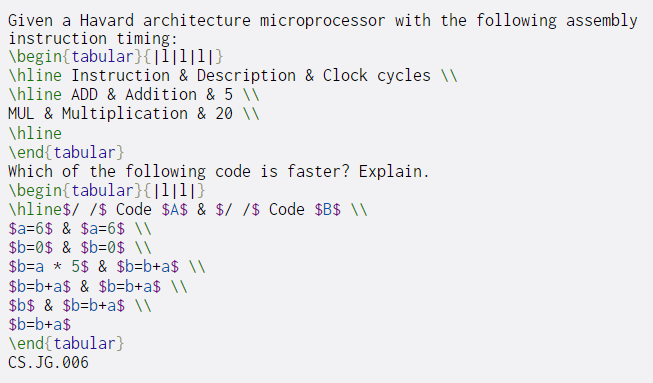 Given a Havard architecture microprocessor with the following assembly instruction timing: