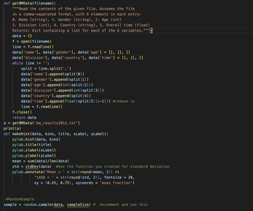 Sample Distributions. Go through PlotsHistsofData.py Part 1 and understand the code. The