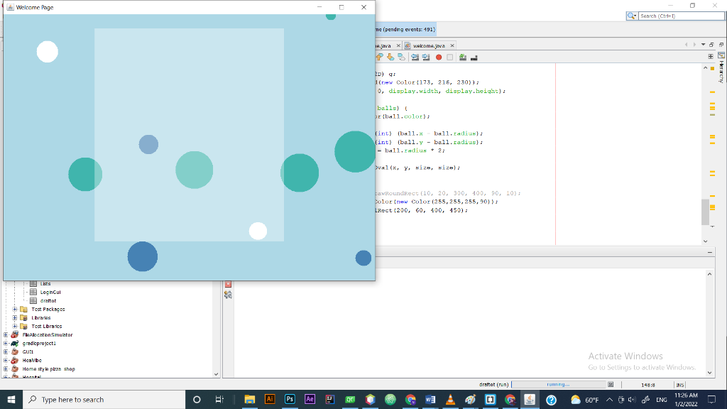 1. bouncing balls 2. white rectangle 3. labels and text fields on