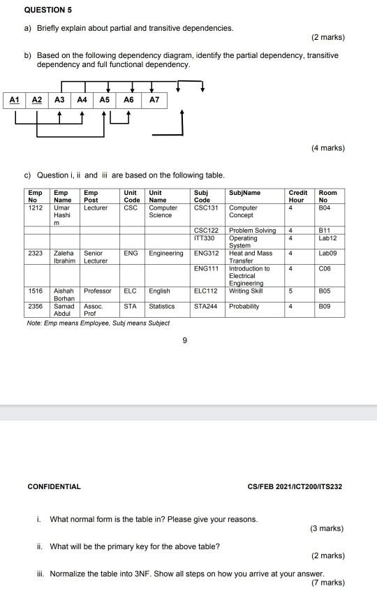 DATABASE Please answer all questions QUESTION 5 a) Briefly explain about partial