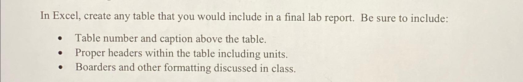  In Excel, create any table that you would include in a