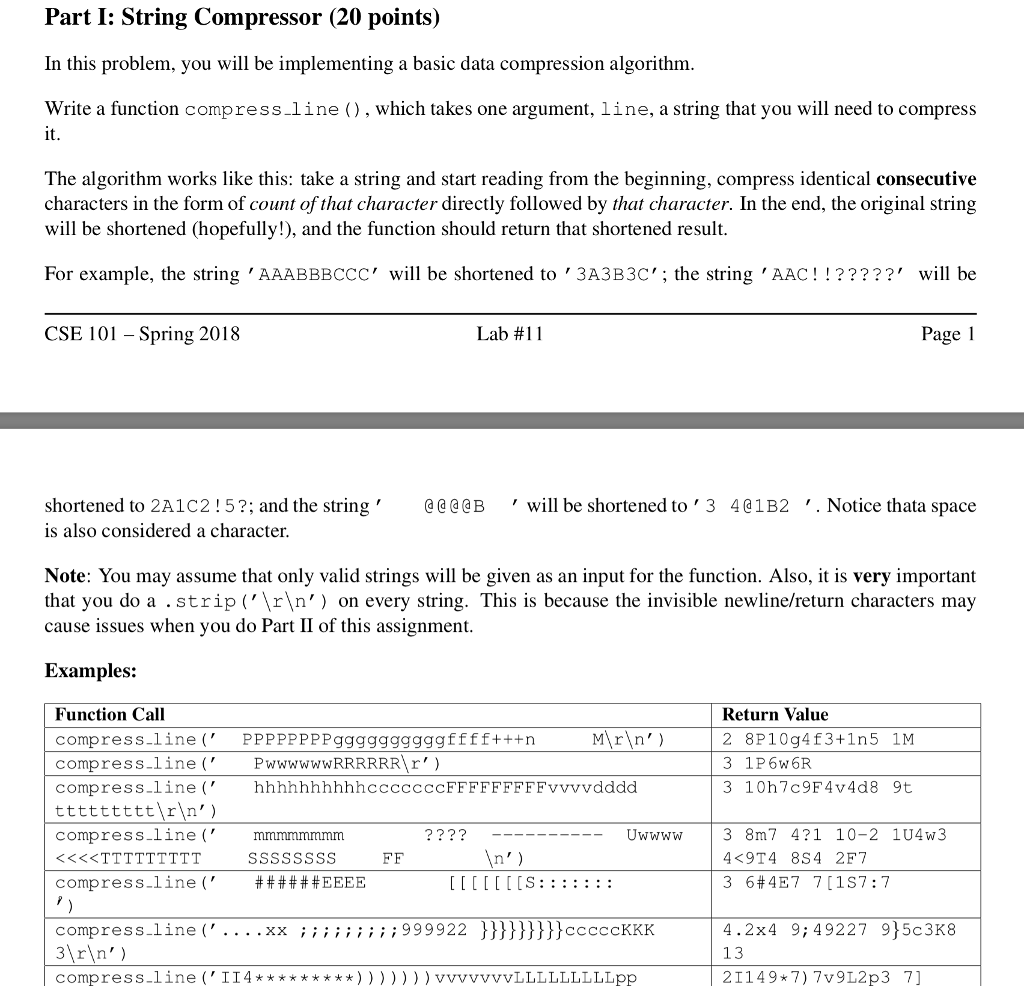 Part I: String Compressor (20 points) In this problem, you will