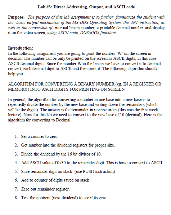 This program uses ASSEMBLY X86 INTEL Lab #3: Direct Addressing, output, and