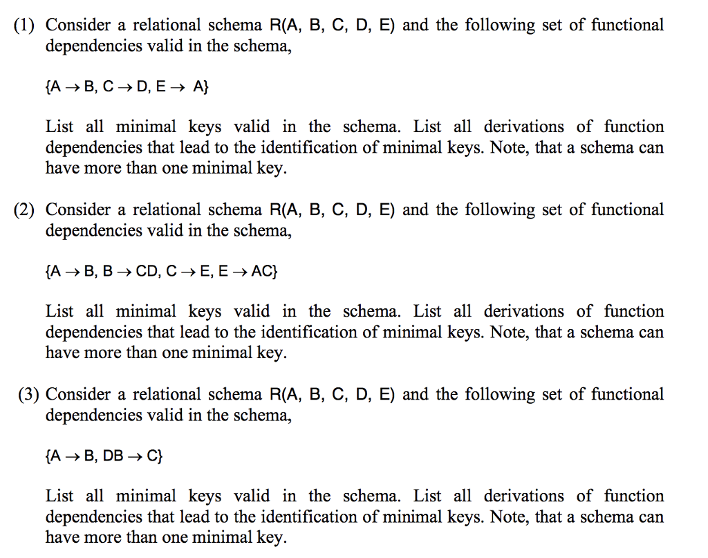  sql (1) Consider a relational schema R(A, B, C, D, E)