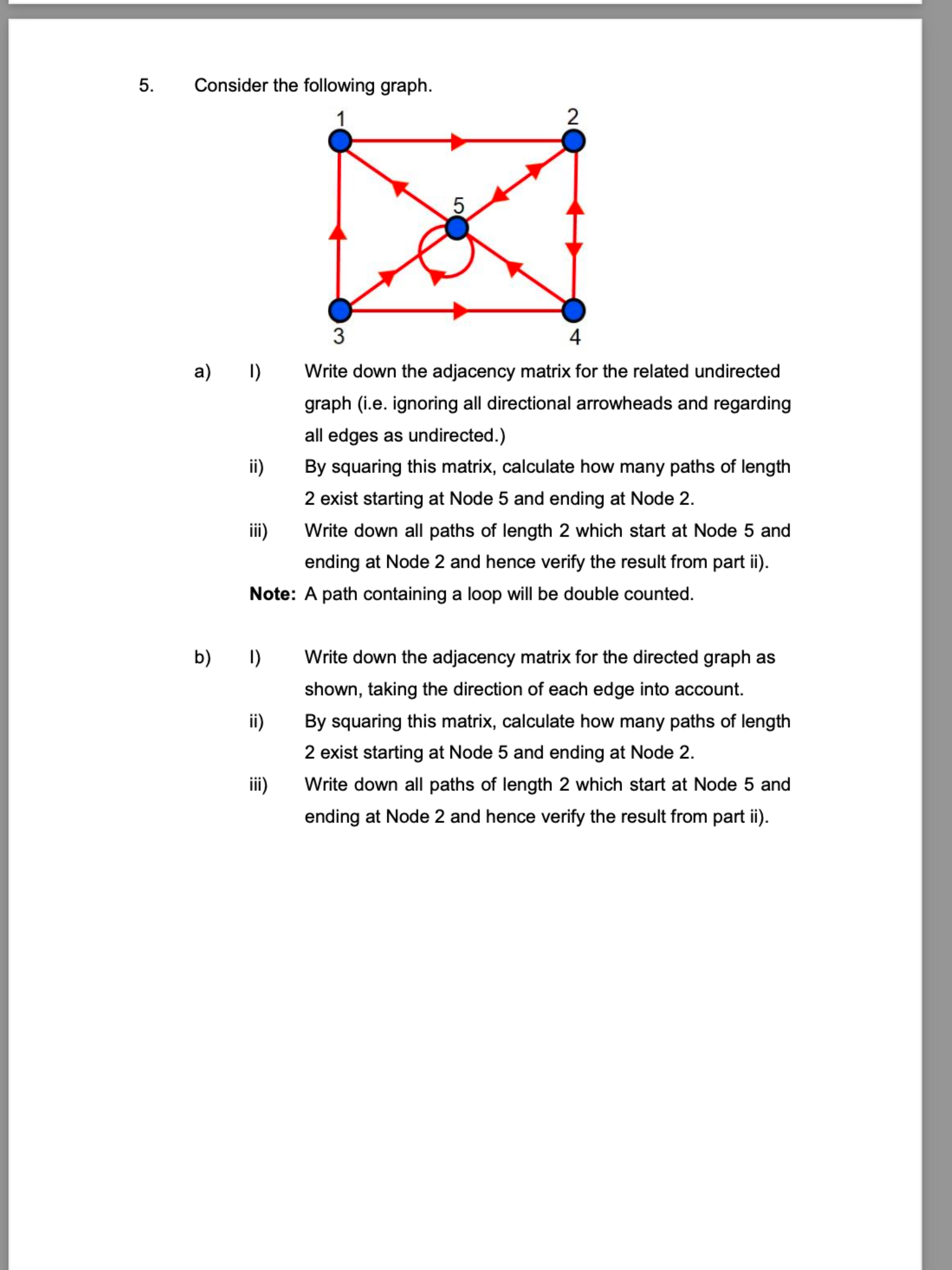  Consider the following graph. a) I) Write down the adjacency matrix