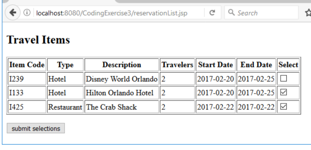 page that contains a list of choices in a table and then