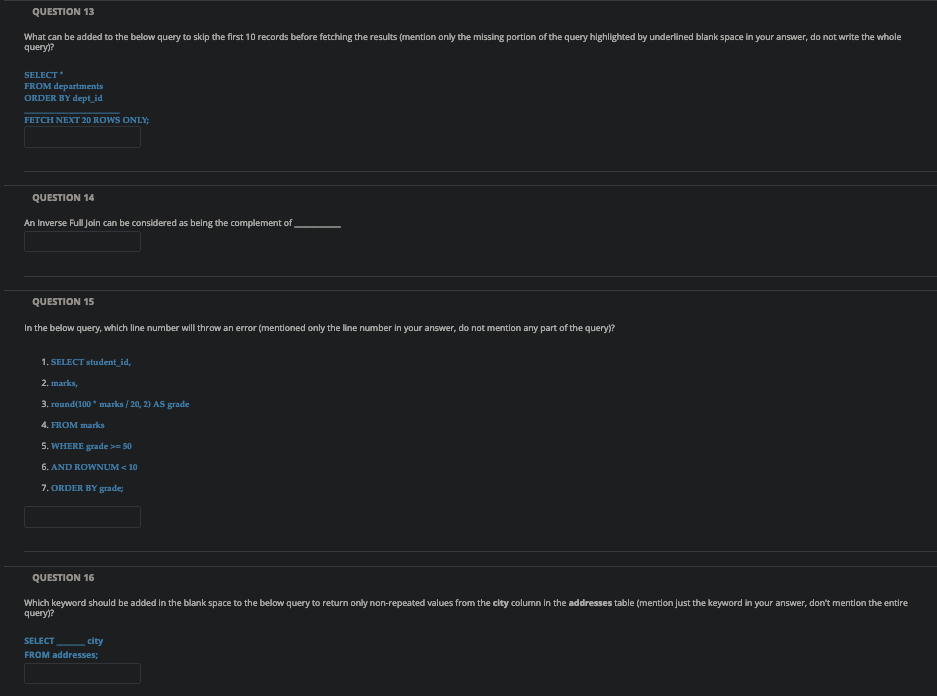 I need these SQL - SHORT ANSWER questions answered as soon a