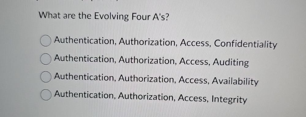  What are the Evolving Four A's? Authentication, Authorization, Access, Confidentiality Authentication,