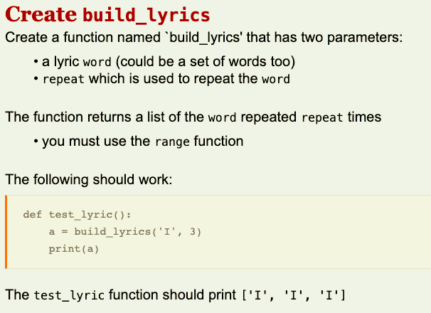 Please write code in python Create build_lyrics Create a function named build_lyrics'