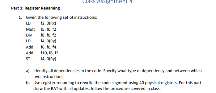 Class Assignment 4 Part 1: Register Renaming 1. Given the following