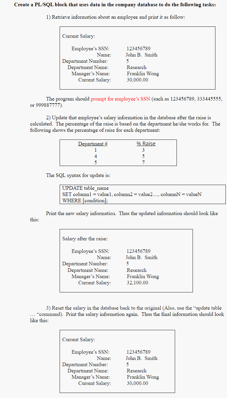 Create a PL/SQL block that uses data in the company database