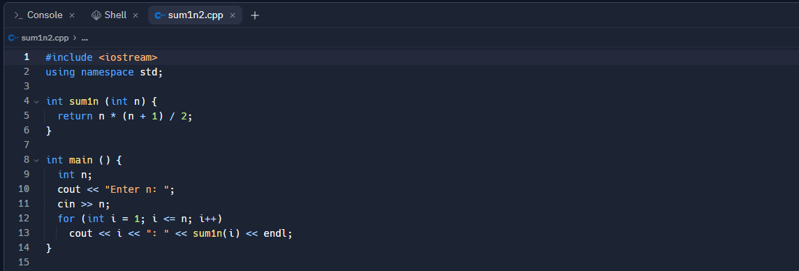 Please see the source code in file sum1n2.cpp. The program produces exactly