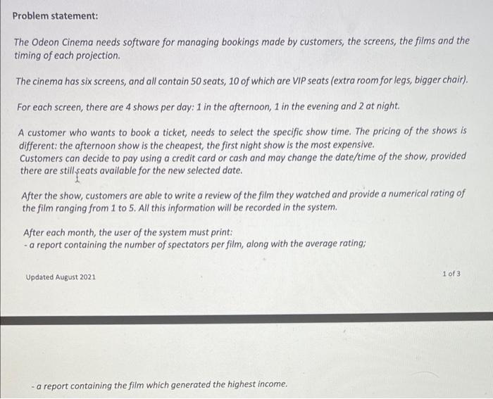 Actual detailed diagram and not the code Problem statement: The Odeon Cinema
