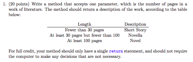  Answer must be in Java format 1. (20 points) Write a