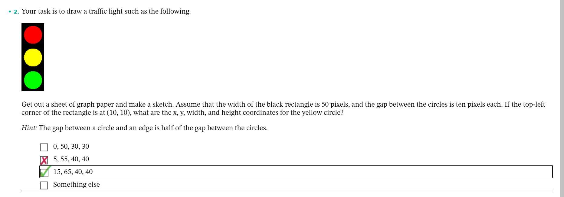 width 50, and the gap between the circles should be ten pixels