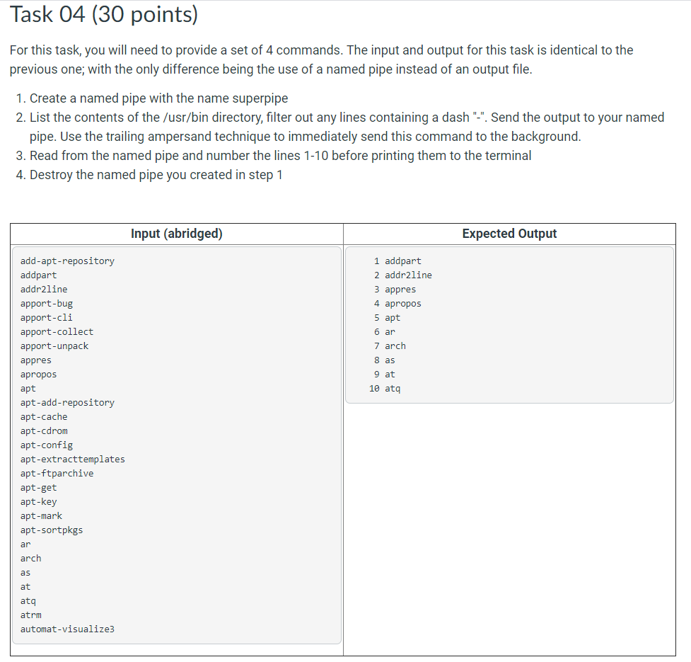 redirection, variables, pipes, tee command, grep command, cat command, cut command, paste
