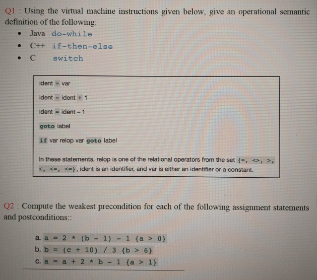  Q1 Using the virtual machine instructions given below, give an operational