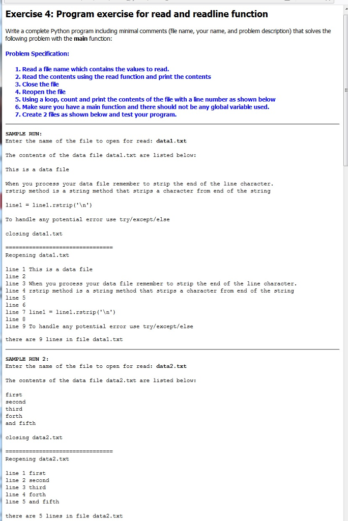 Exercise 4: Program exercise for read and readline function Write a complete