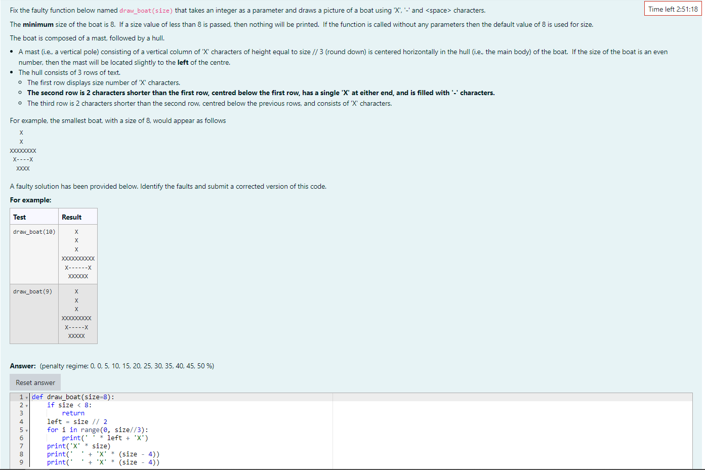  Python Fix the faulty function below named draw_boat (size) that takes