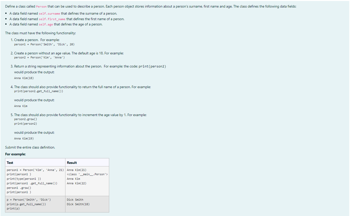 Python Define a class called Person that can be used to describe