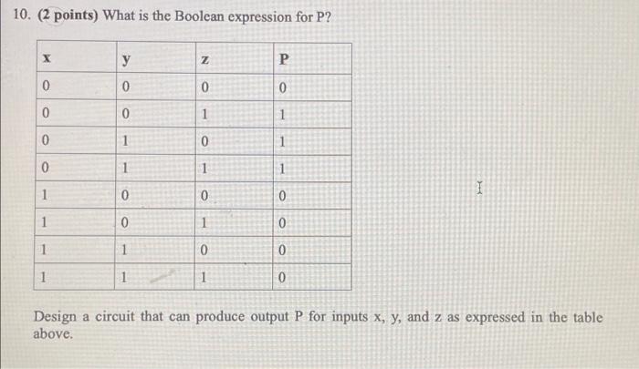  10. (2 points) What is the Boolean expression for P? X