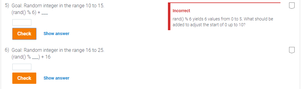 5) Goal: Random integer in the range 10 to 15 Incorrect