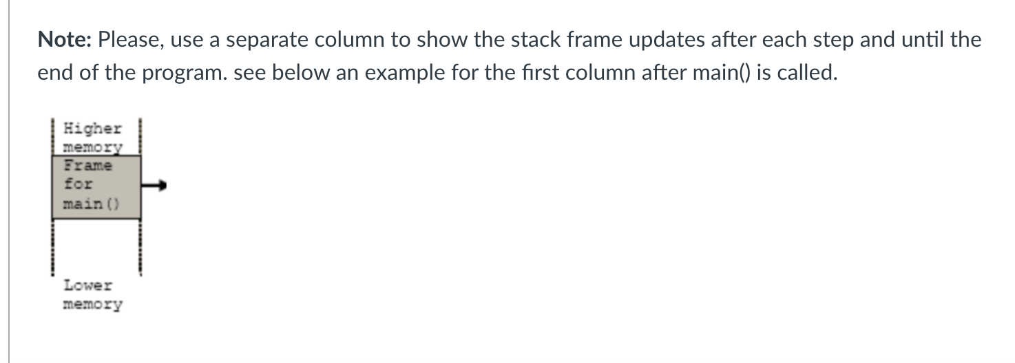 area only, please show function calls and stack frames construction/destruction after each