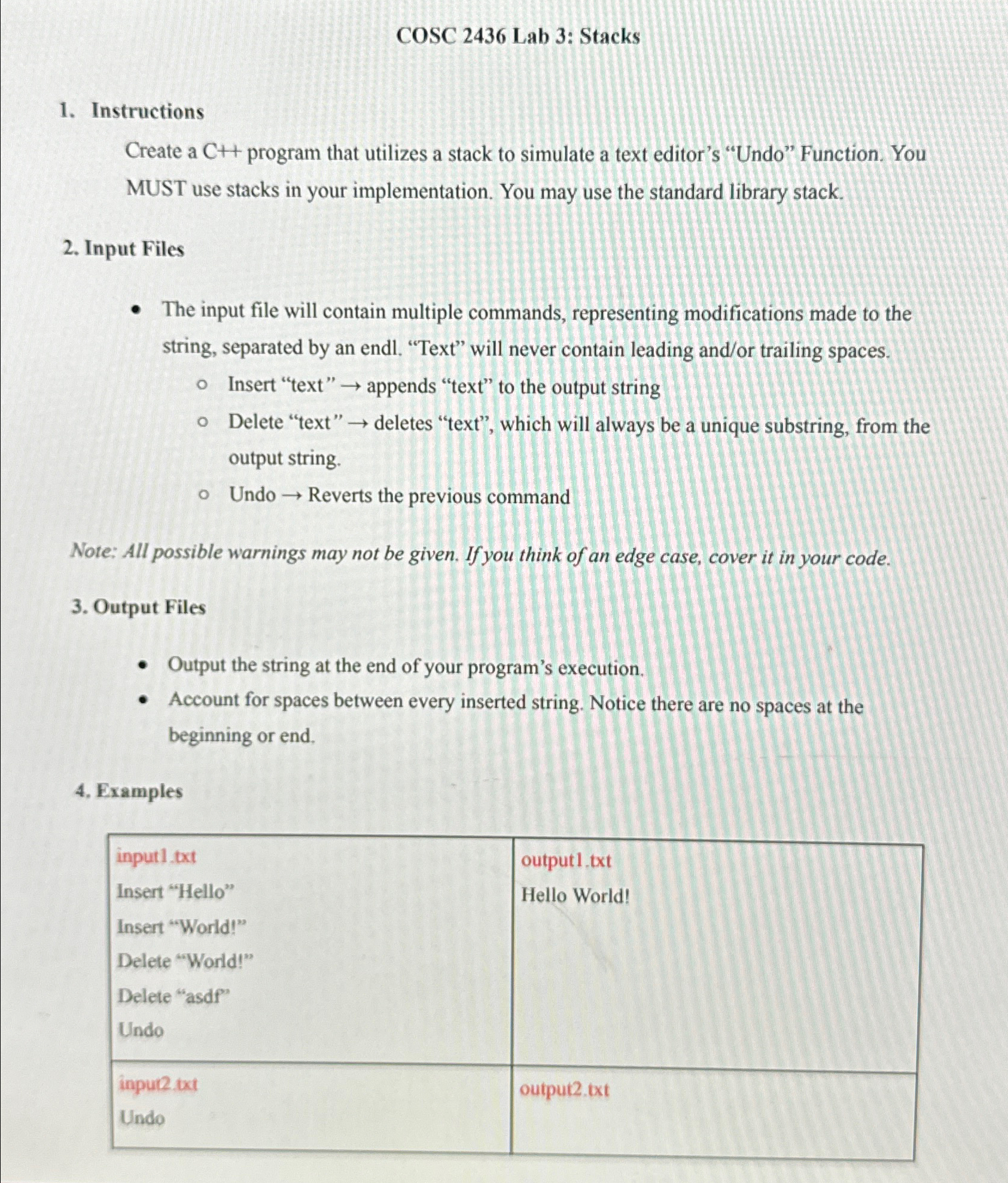  COSC 2436 Lab 3: Stacks Instructions Create a C++ program that