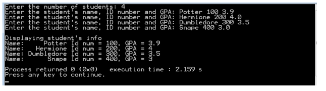 Description name Student name string idNuma int Student ID number GPA double