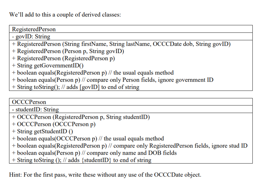 RegisteredPerson / OCCCPerson hierarchy and a testPerson program that exercises every behavior