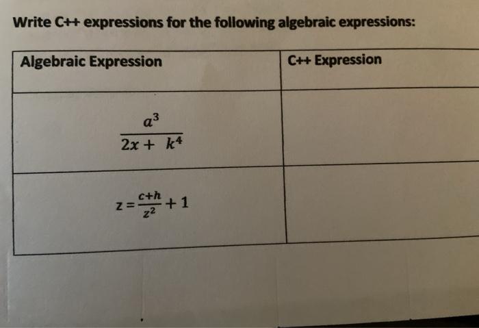  Write C++ expressions for the following algebraic expressions: Algebraic Expression C++