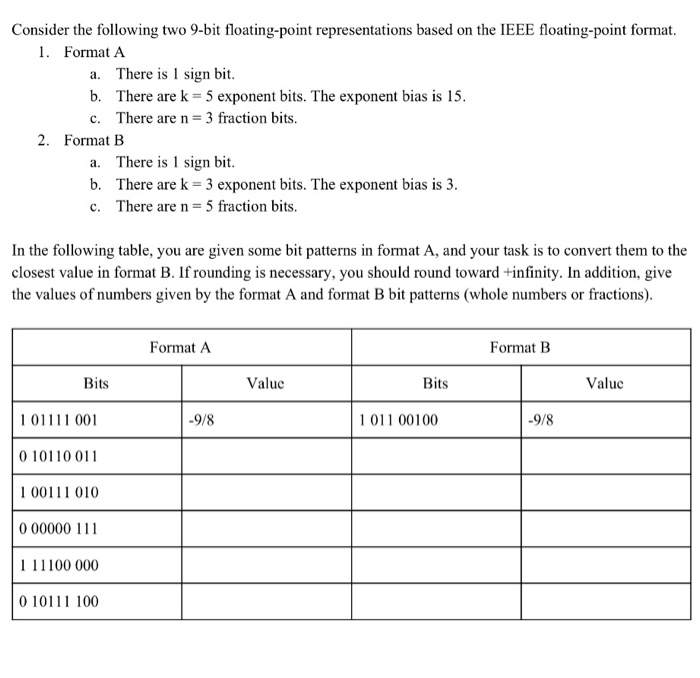  Consider the following two 9-bit floating-point representations based on the IEEE