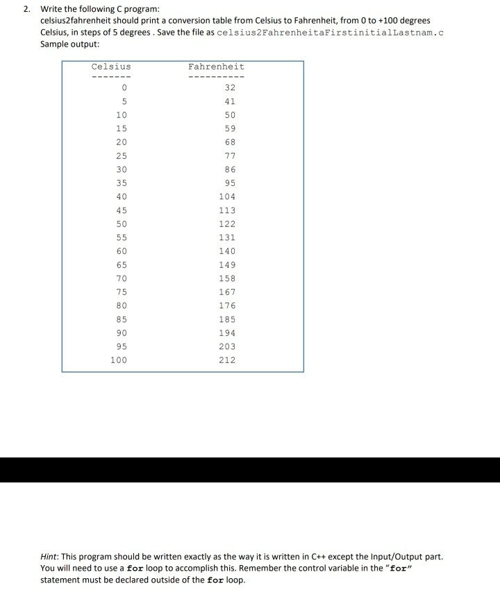  2. Write the following C program celsius2fahrenheit should print a conversion