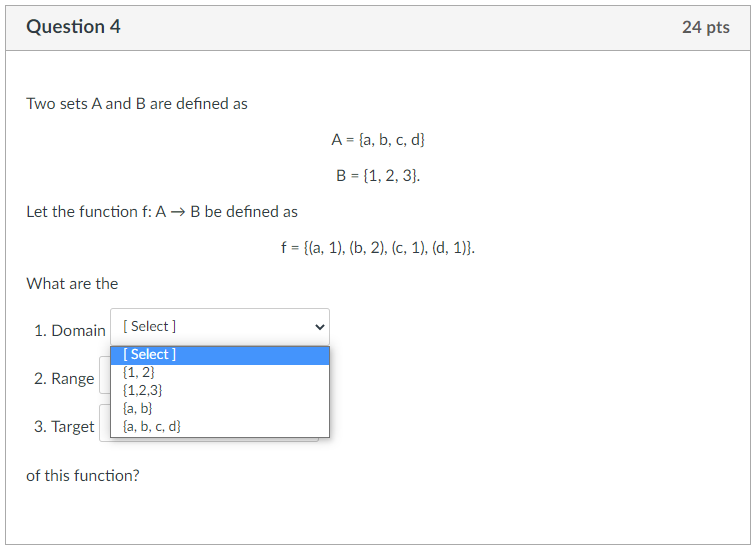 Question 4 24 pts Two sets A and B are defined