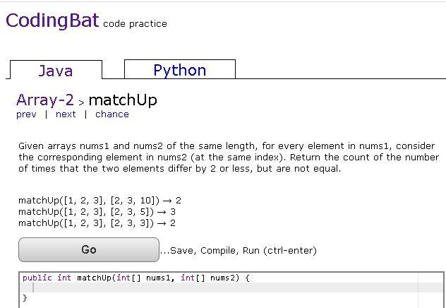  COP 4814 Lab 2 Coding Bat Array-2: matchup CodingBat code practice