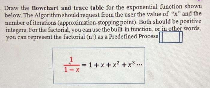  Draw the flowchart and trace table for the exponential function shown