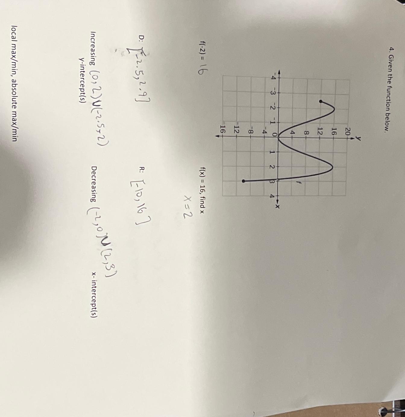 Given the function below.\ f(-2)=16\ f(x)=16, find x\ x=2\ D: -2.5,2.9\