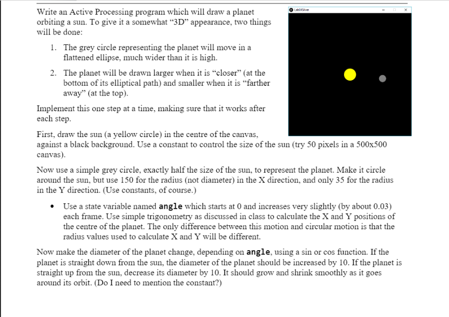  Write an Active Processing program which will draw a planet orbiting