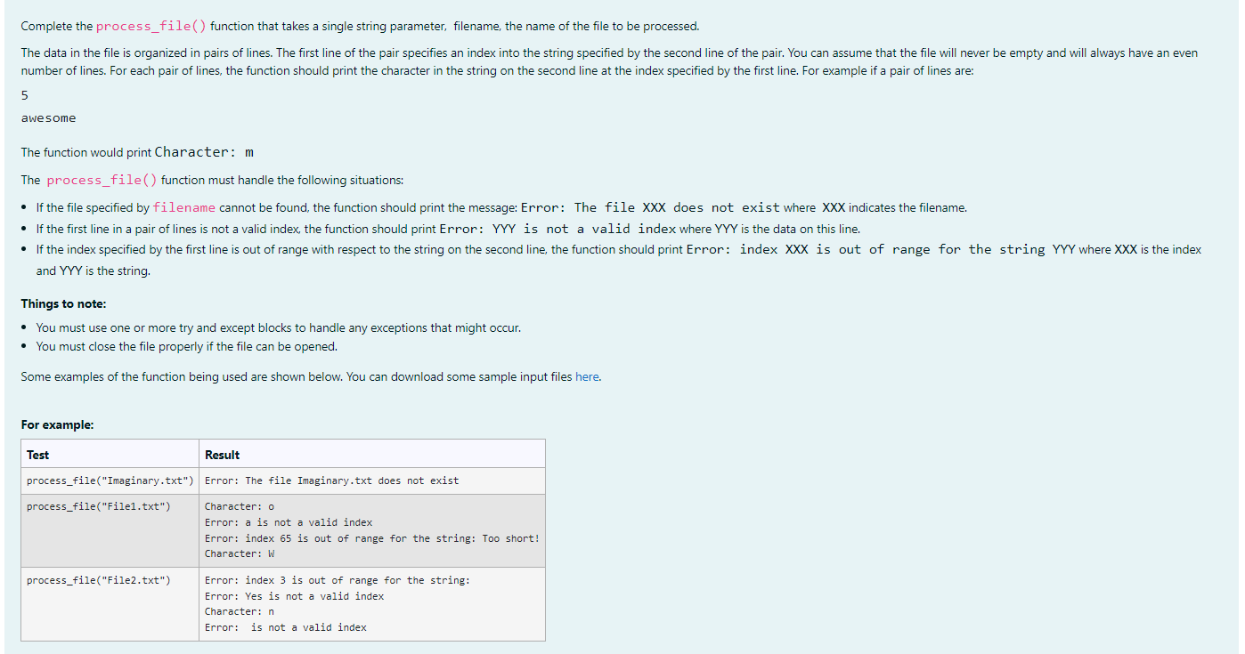 Python Complete the process_file() function that takes a single string parameter, filename,