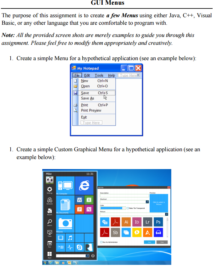 Create a custom graphical menu (windows menu) using Visual Basic. GUI Menus