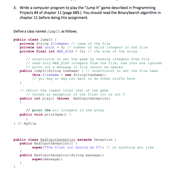 Need help writing Java code for Jump it. Below are the given