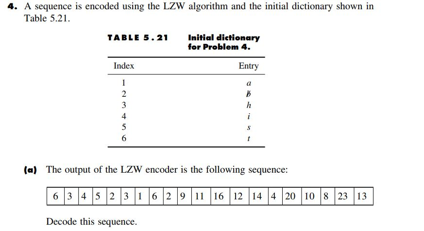  4. A sequence is encoded using the LZW algorithm and the