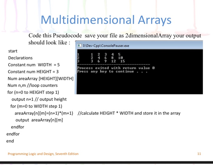  Multidimensional Arrays Code this Pseudocode save your file as 2dimensionalArray your