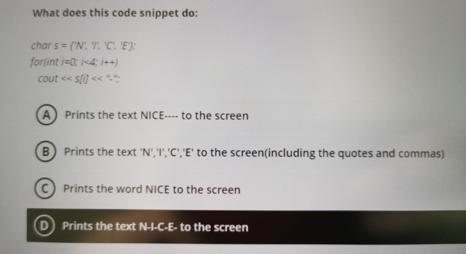  solve pls What does this code snippet do: char s =