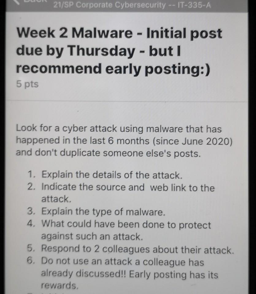  21/SP Corporate Cybersecurity -- IT-335-A Week 2 Malware - Initial post