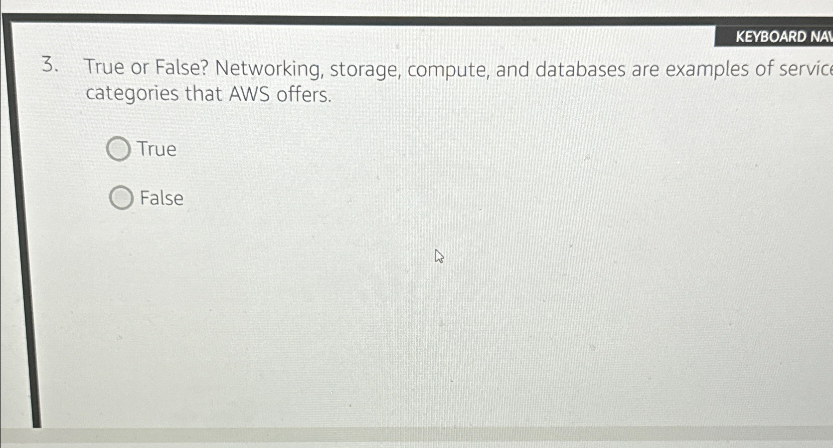  KEYBOARD NAI 3. True or False? Networking, storage, compute, and databases
