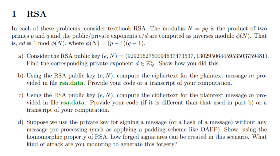 Problem 1 part (b) =================== RSA public key (e,N) and plaintext