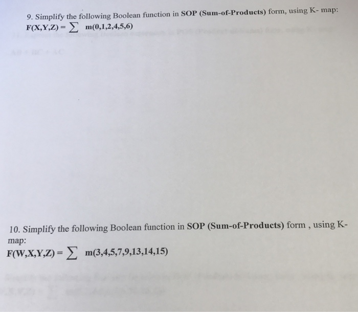  Simplify the following Boolean function in SOP (Sum-of-Products) form, using K-